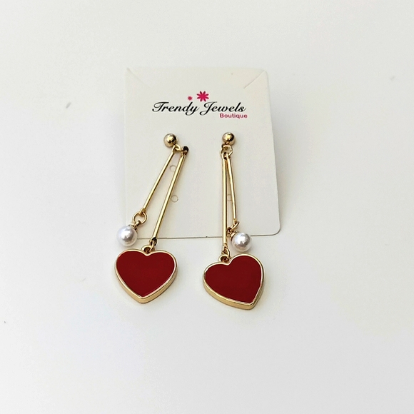 Gold Red Heart Pearl Long Dangle Earrings - Picture 2 of 6